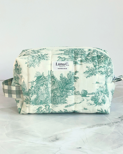 Green Toile de Jouy Travel Makeup Bag