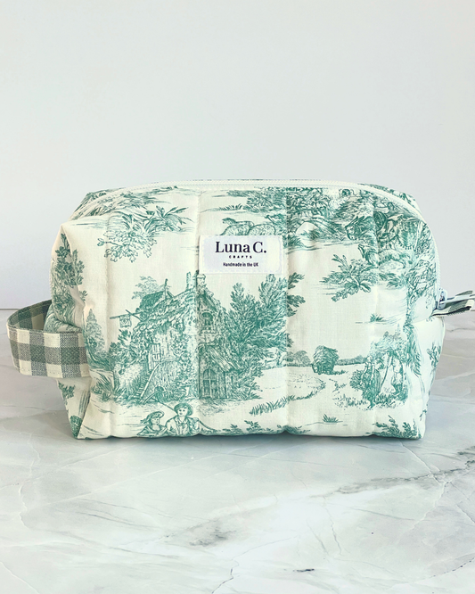 Green Toile de Jouy Travel Makeup Bag