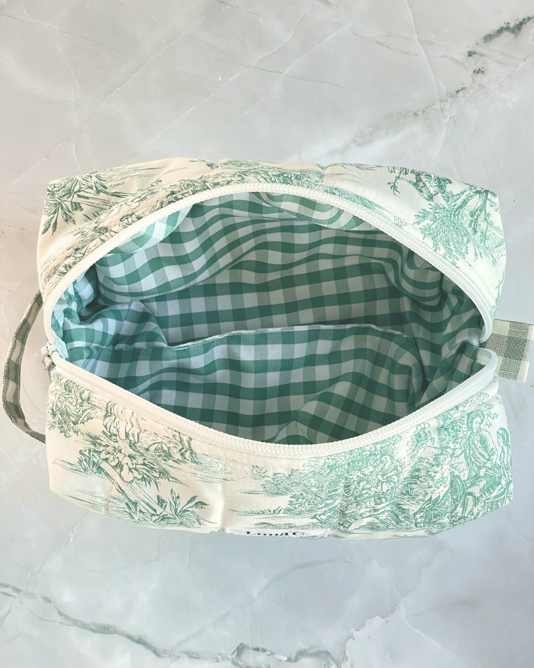 Green Toile de Jouy Travel Makeup Bag