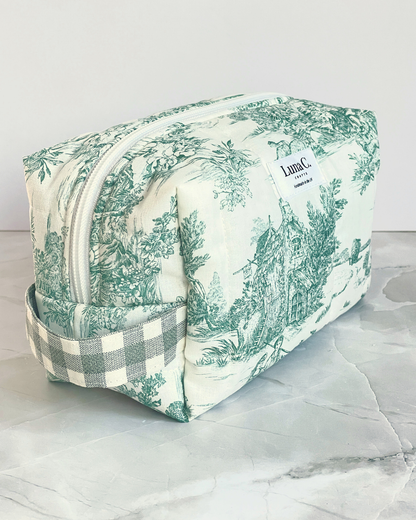 Green Toile de Jouy Travel Makeup Bag