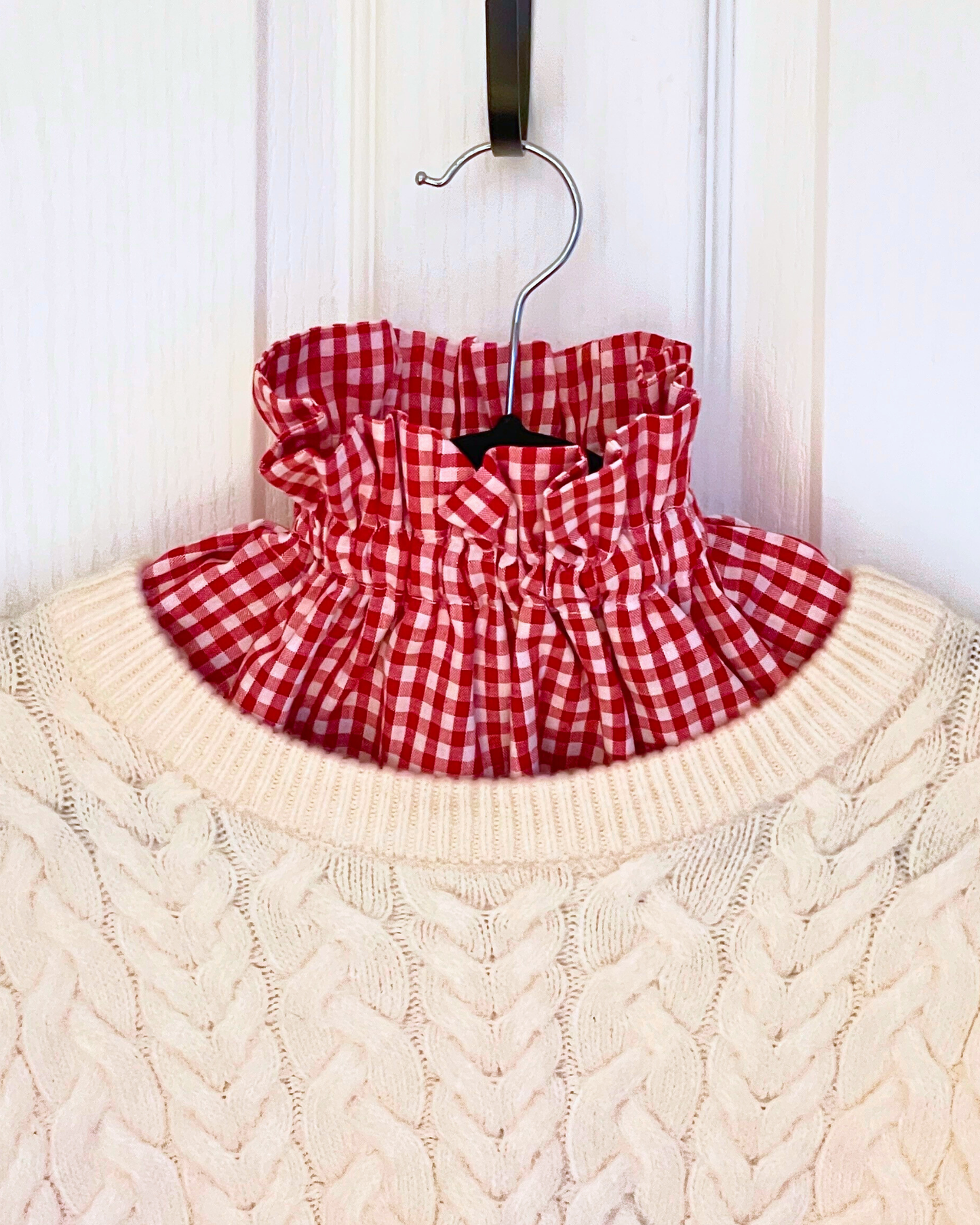Handmade Cherry Red Gingham Stretch-fit Pop-on Collar
