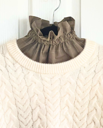 Handmade Sage Grey Windowpane Check Stretch-fit Pop-on Collar