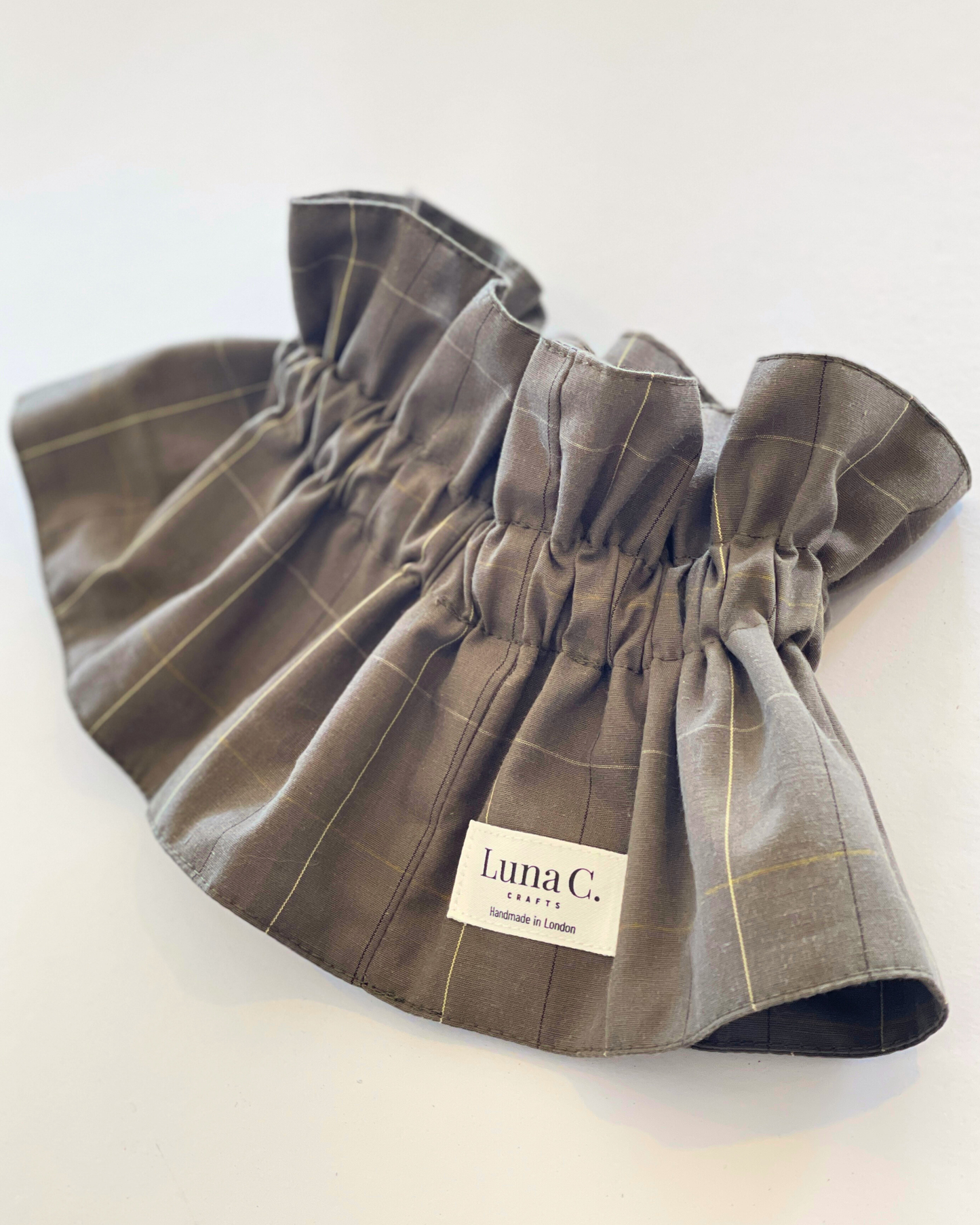 Handmade Sage Grey Windowpane Check Stretch-fit Pop-on Collar