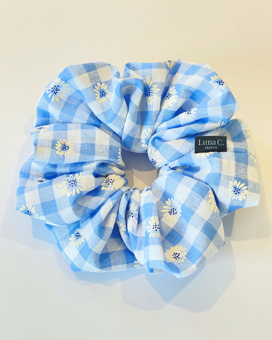 Light Blue and White Gingham with Daisy Florals Oversized Scrunchie