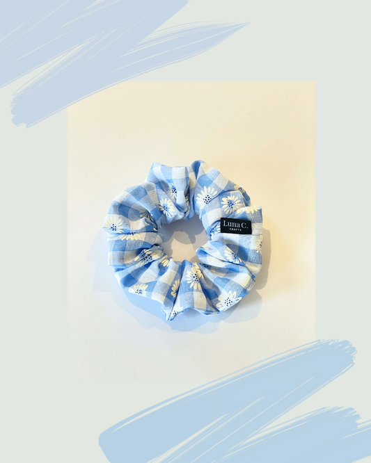 Light Blue and White Gingham with Daisy Florals Regular-size Scrunchie