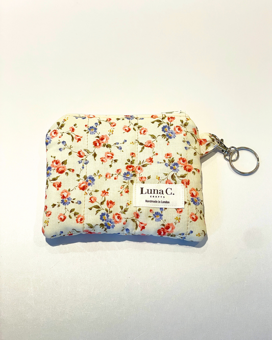 Light Cream with Pink Florals Quilted Keychain Wallet