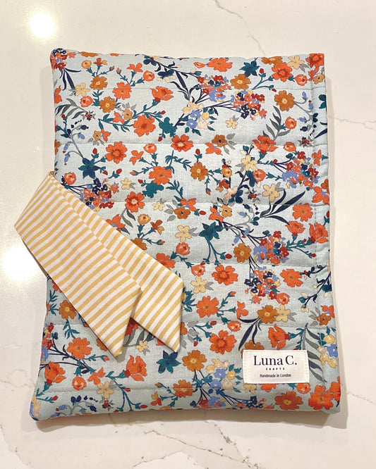 Light Green Orange Floral Yellow Striped Lining Quilted Ribbon-Tied Book Sleeve