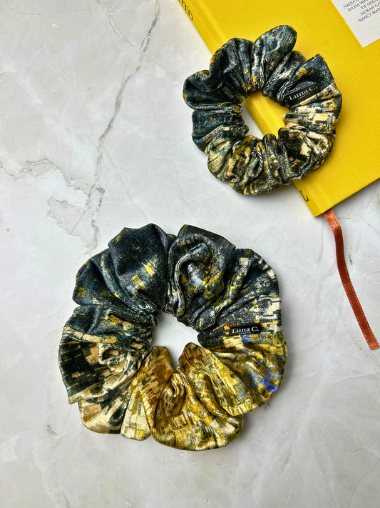 Gold and Black Metallic Print Scrunchie