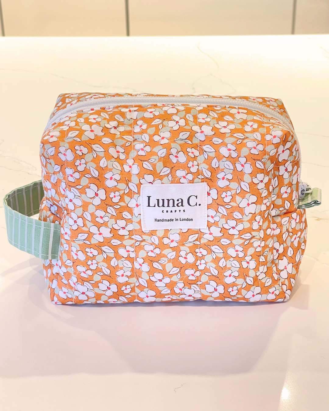Orange with White Floral Pattern Makeup Bag - Regular Size