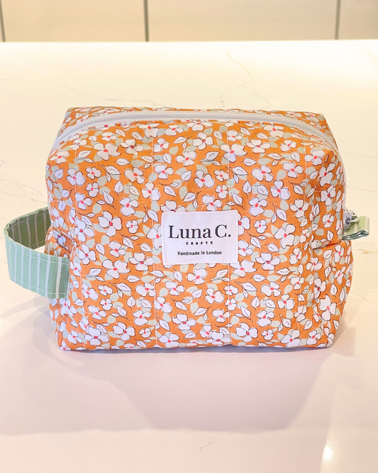 Orange with White Floral Pattern Makeup Bag - Regular Size