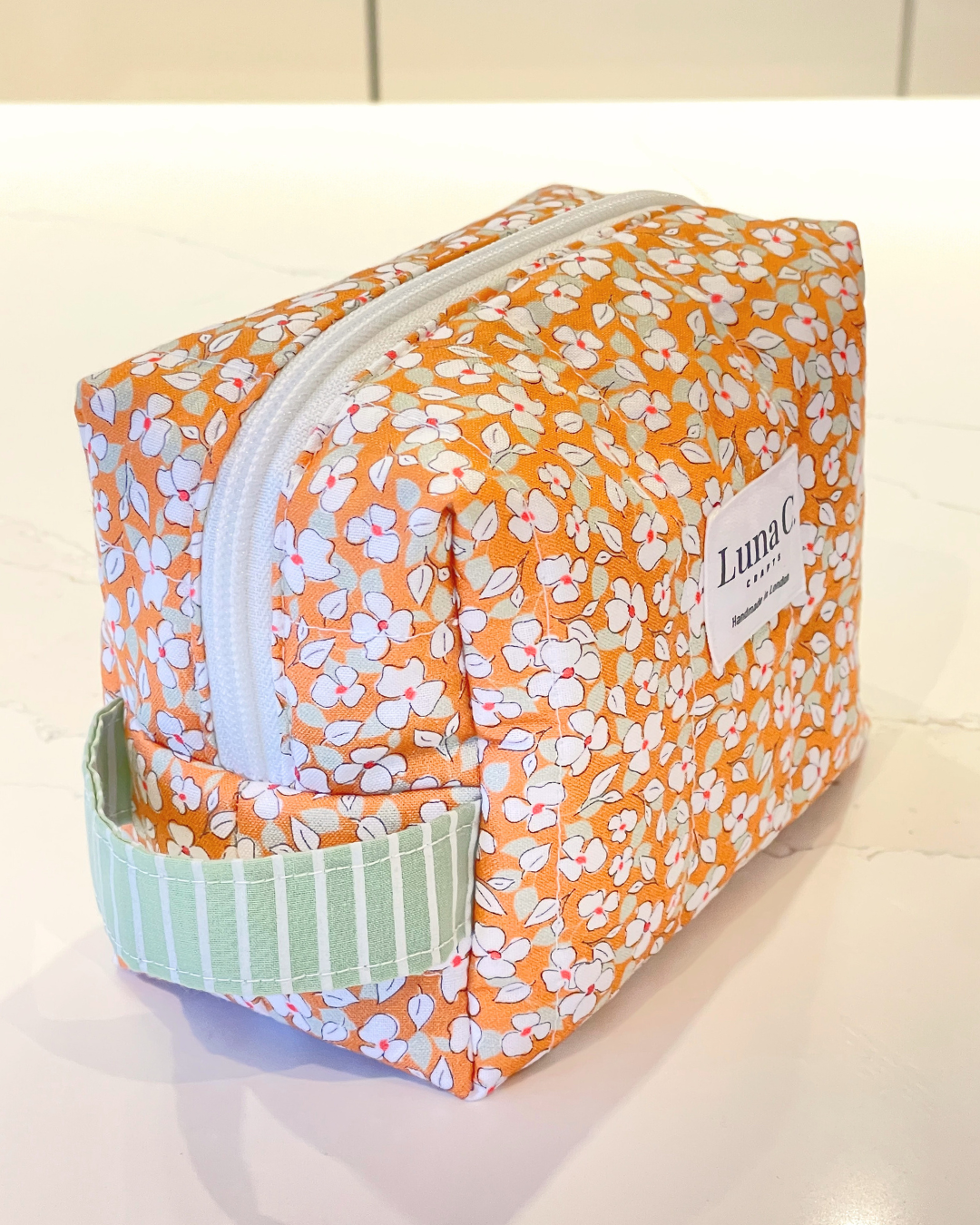 Orange with White Floral Pattern Makeup Bag - Regular Size
