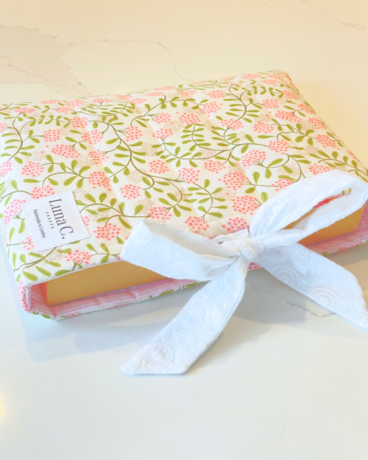 Pink and Green Floral Book Sleeve with White Broderie Anglaise Ribbon Tie