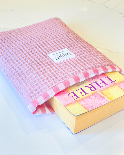 Pink Waffle Fabric Gingham Slip On Book Sleeve