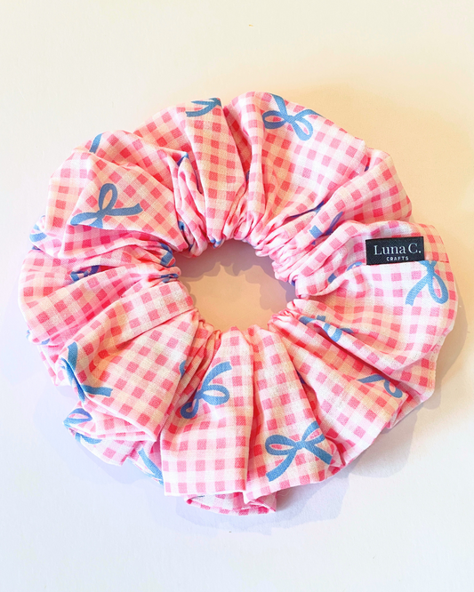 Pink and White Gingham with Blue Bow Accents Oversized Scrunchie