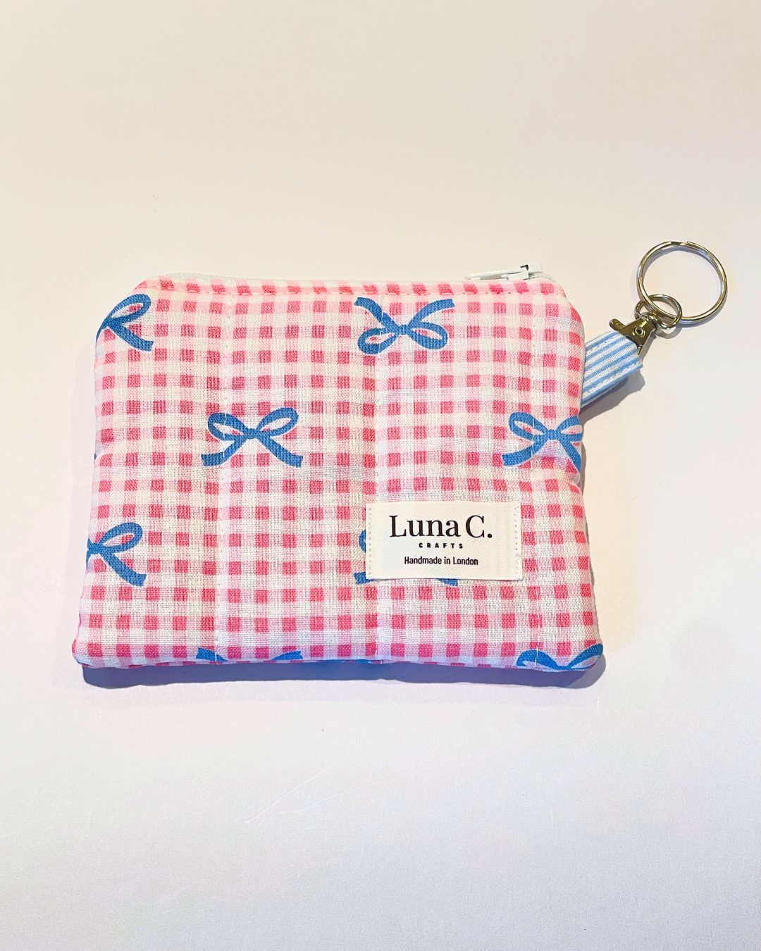 Pink and White Gingham with Blue Flying Bows Keychain Wallet