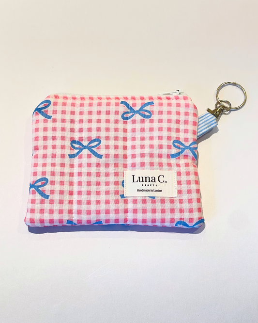 Pink and White Gingham with Blue Flying Bows Keychain Wallet