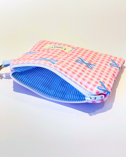 Pink and White Gingham with Blue Flying Bows Keychain Wallet