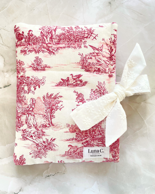 Red Toile de Jouy Book Sleeve  with White Broderie Anglaise Ribbon Tie