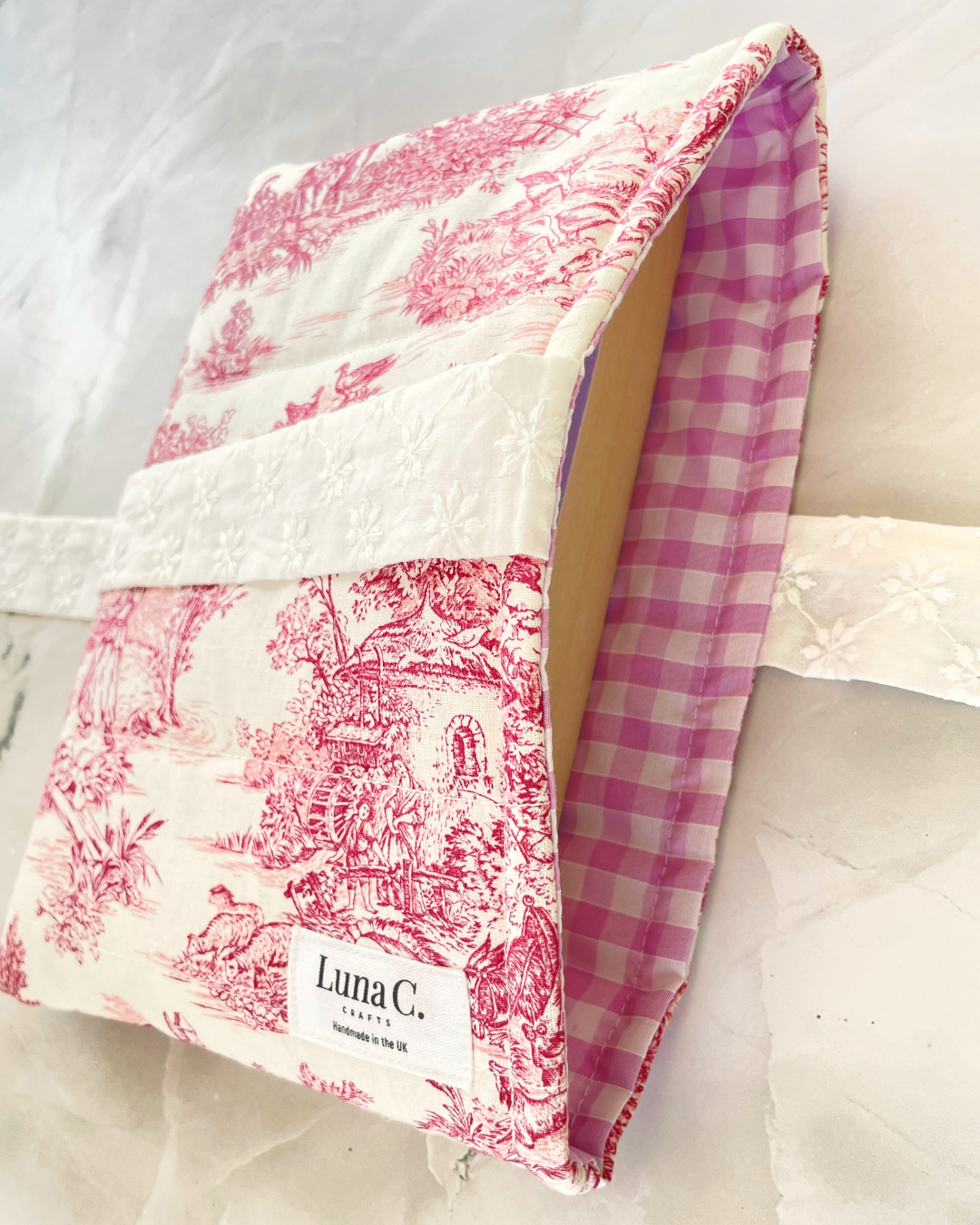 Red Toile de Jouy Book Sleeve  with White Broderie Anglaise Ribbon Tie