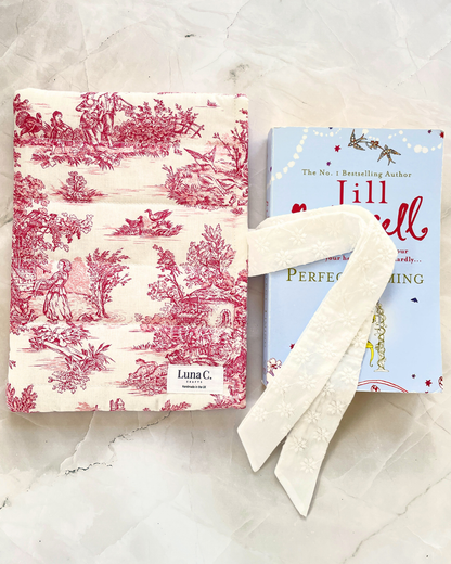 Red Toile de Jouy Book Sleeve  with White Broderie Anglaise Ribbon Tie