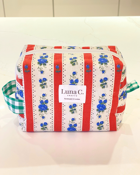 Red and White Stripes with Blue Floral Pattern Makeup Bag - Regular Size