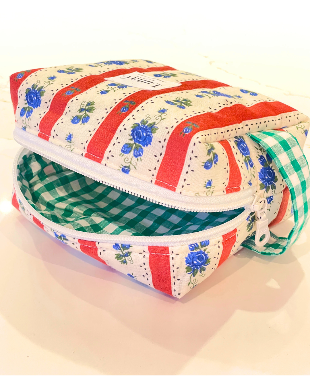 Red and White Stripes with Blue Floral Pattern Makeup Bag - Regular Size
