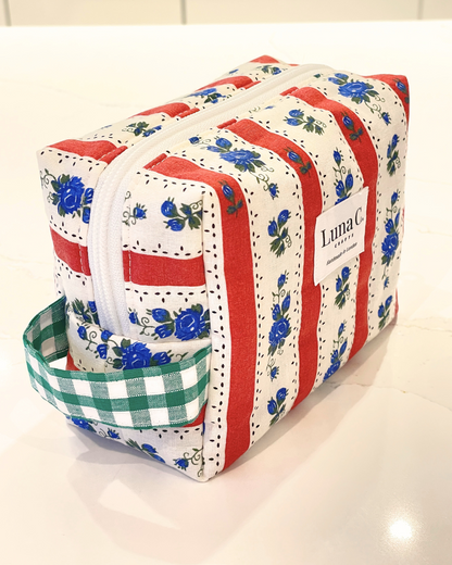 Red and White Stripes with Blue Floral Pattern Makeup Bag - Regular Size