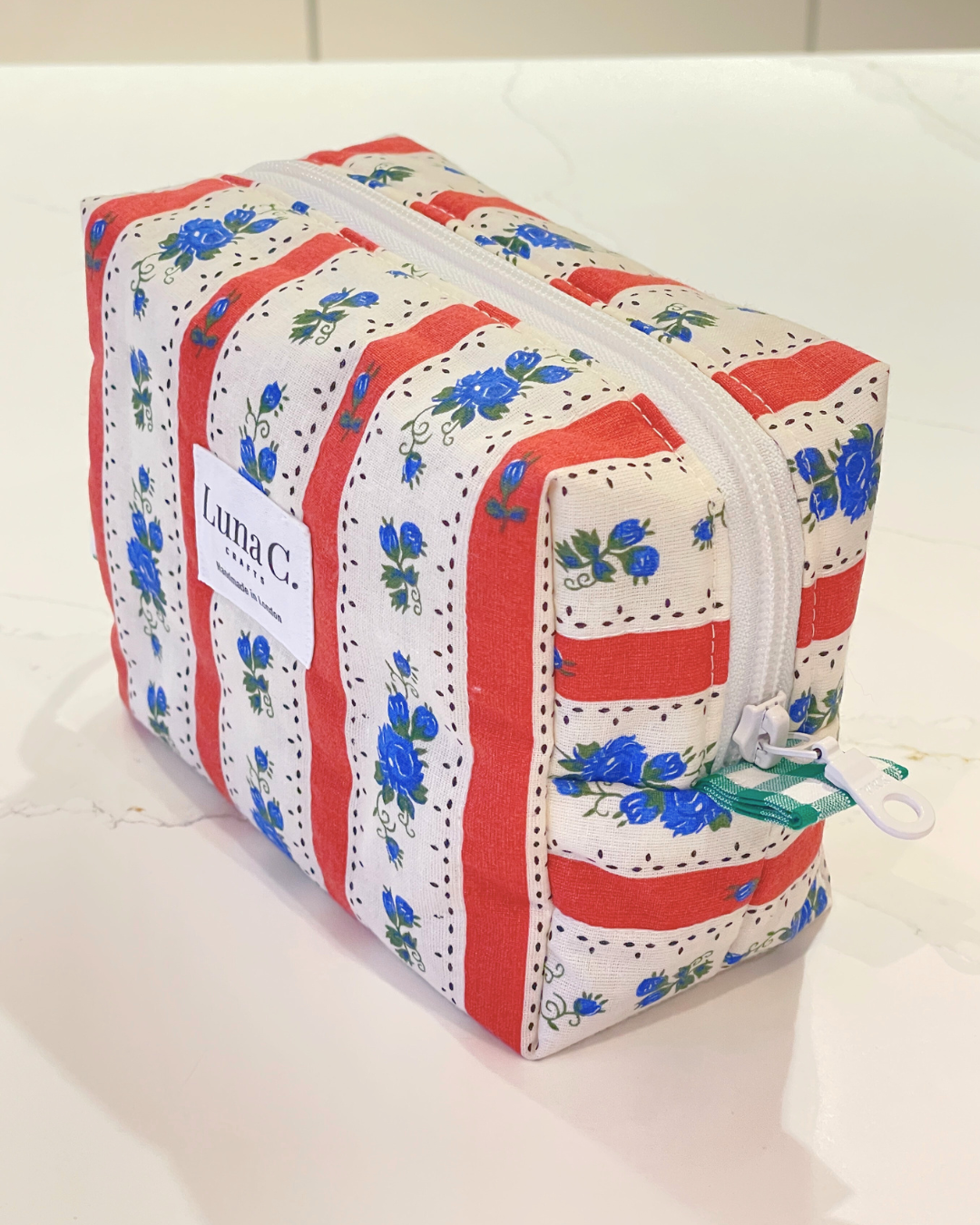 Red and White Stripes with Blue Floral Pattern Makeup Bag - Regular Size