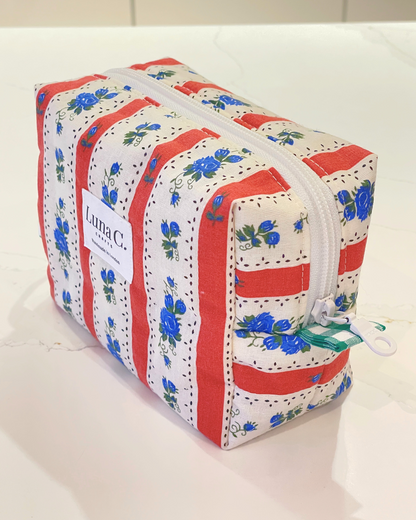 Red and White Stripes with Blue Floral Pattern Makeup Bag - Regular Size