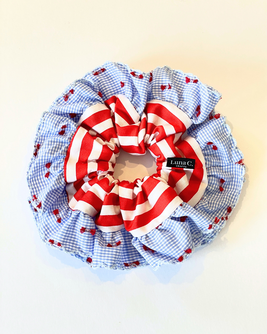 Red and White Stripes with Blue and White Gingham Ruffle Scrunchie