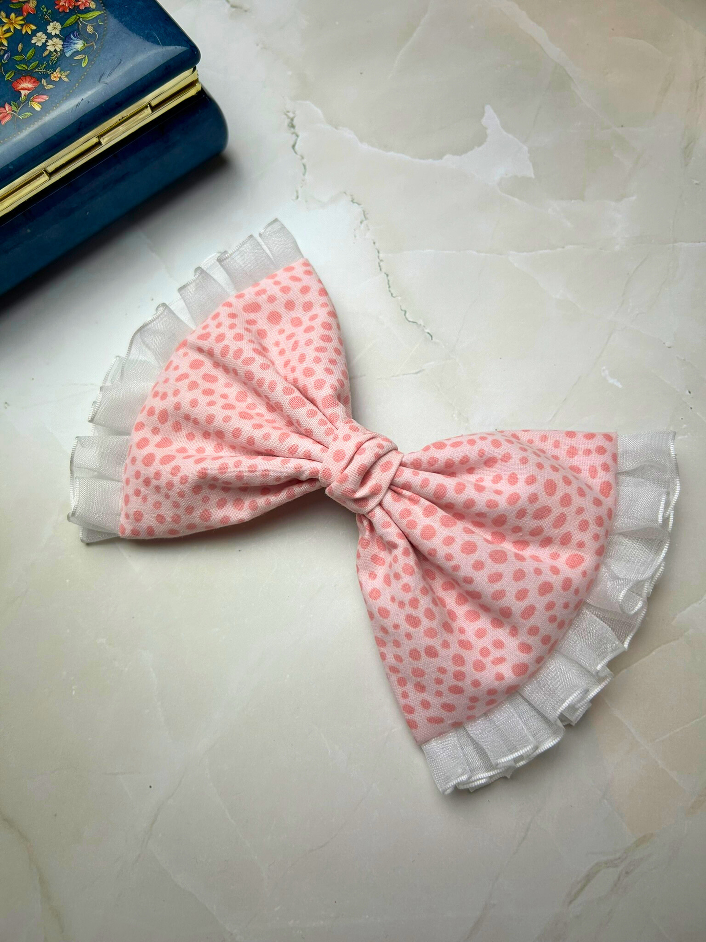 Pink Dot Print Bow with Lace Hair Clips