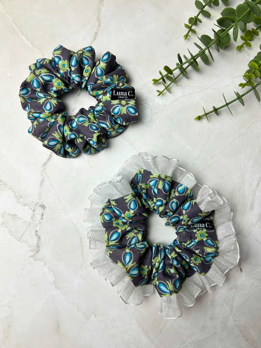 Grey and Blue Floral Print Regular Size Scrunchie