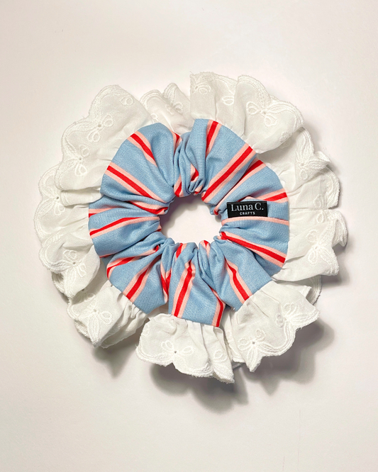 Sky Blue Red Stripes White Lace-like Single-Layer Ruffled Scrunchie