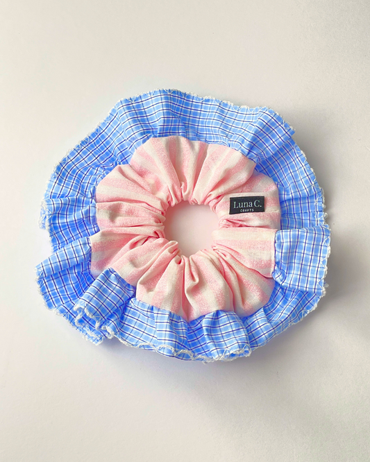 Striped Pink and White with Light Blue Plaid Ruffle Scrunchie