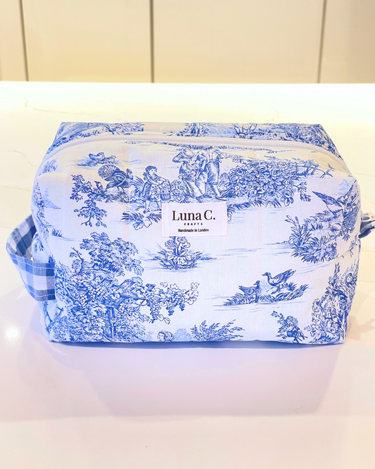 Makeup Bag in Toile de Jouy Blue - Large Size