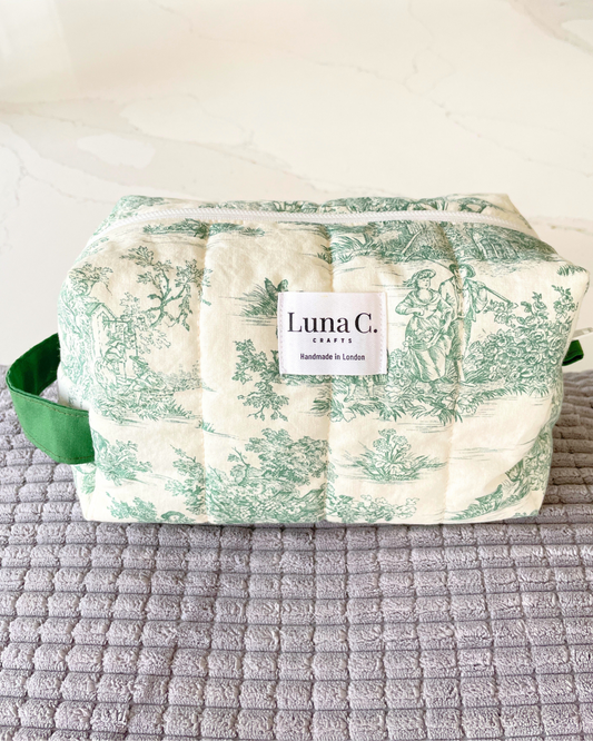 Makeup Bag in Toile de Jouy Green - Large Size