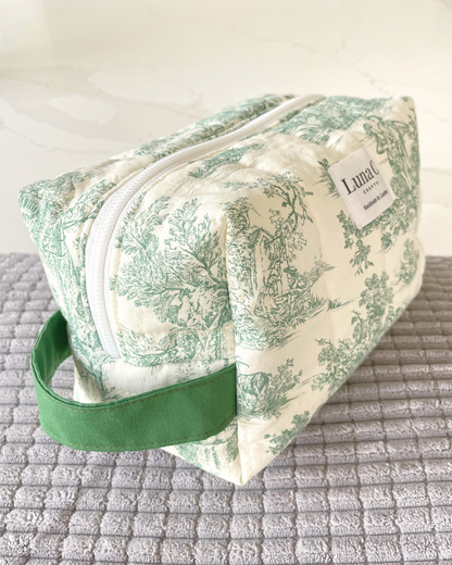 Makeup Bag in Toile de Jouy Green - Large Size