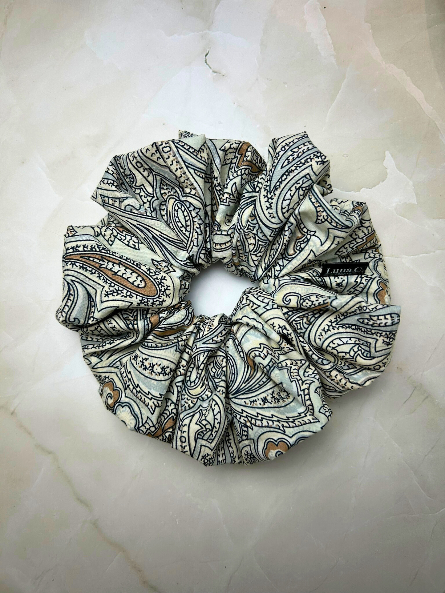 White and Beige Paisley Scrunchie