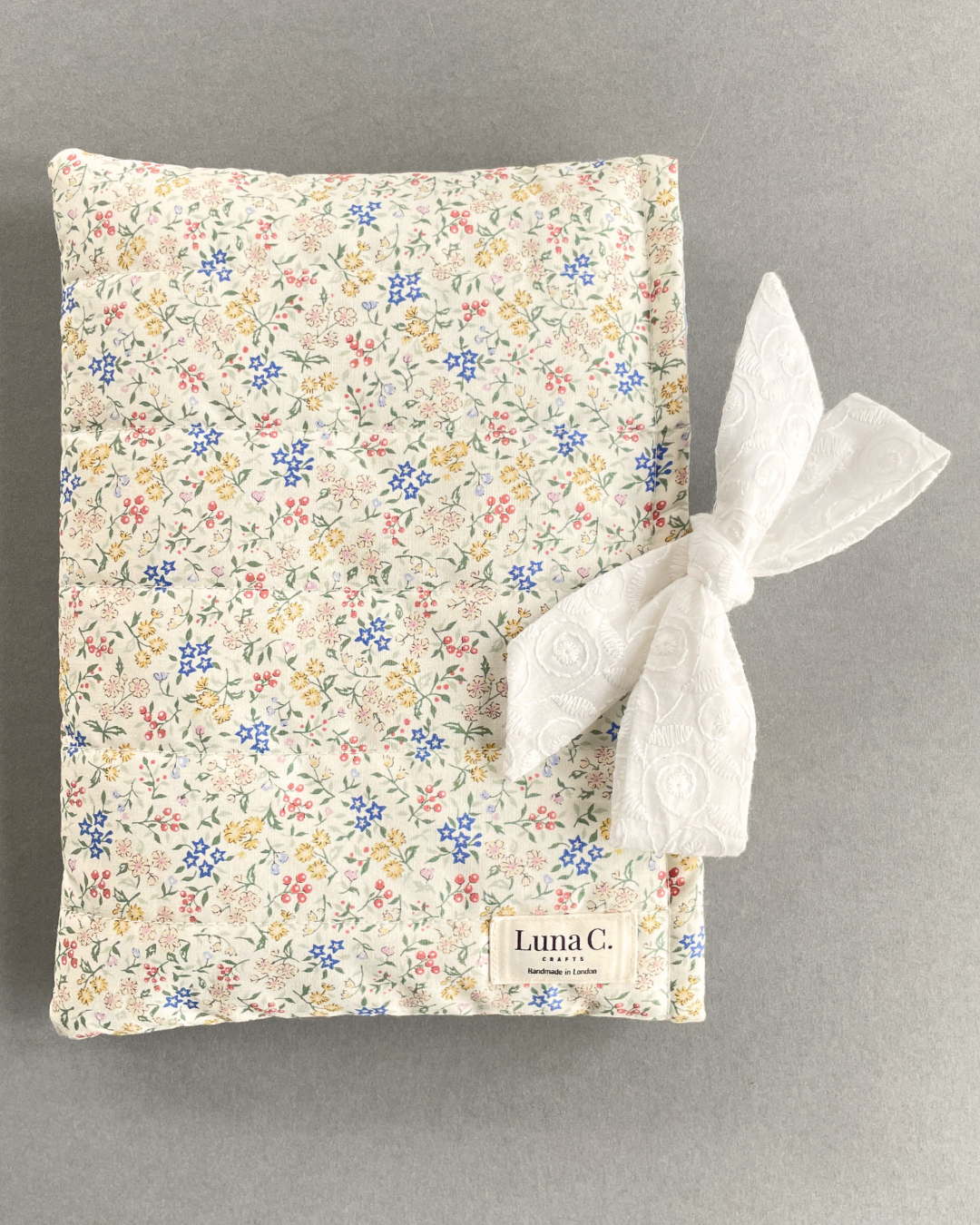 Wildflower Meadow Book Sleeve with White Broderie Anglaise Ribbon Tie